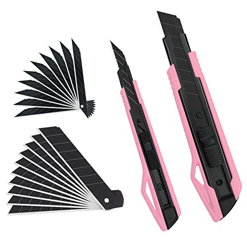 MANUFORE 2 Stück Profi Cuttermesser Set, 9mm und 18mm 30 Grad Cuttermesser, 2 Cutter Rosa mit 20pcs SK5 Schwarz Abbrechklinge, Schneiden zum Papier,Karton,Basteln und Tapete von MANUFORE