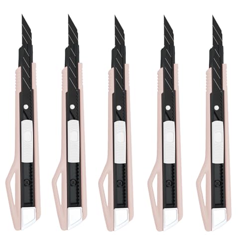 MANUFORE 5 Stück 9mm Cuttermesser Set, Profi Cuttermesser 30 Grad mit Schwarz SK5 Stahl Abbrechklingen, 9mm Cutter Schwarz für Karton, Folien, Papier, Basteln und Tapete Rosa von MANUFORE