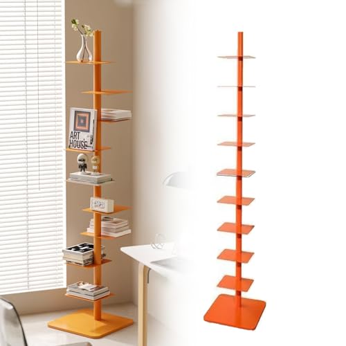 MANYOUYOU Schmales Bücherregal Mit 9 Ebenen Und Metallrückwand, DIY-Montage, Dreiseitige Freie Drehung, Vertikaler Bücherturm Für Kleine Räume Im Home-Office Orange von MANYOUYOU
