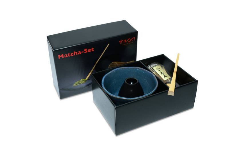 MAOCI teaware for your life Teeschale Matchaset Prem. Schale jeansblau helle Tupfen Besen Löffel Besenhalter, 4-tlg. Set im Geschenkkarton von MAOCI teaware for your life