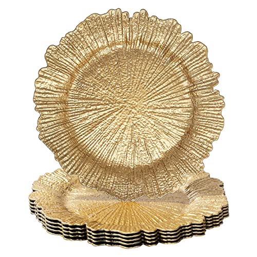 MAONAME Runde 33 cm goldene Platzteller, 6er-Set, Riff-Teller-Ladegeräte für Speiseteller, Kunststoff-Tischladegeräte für Hochzeit, Erntedankfest, Weihnachten von MAONAME