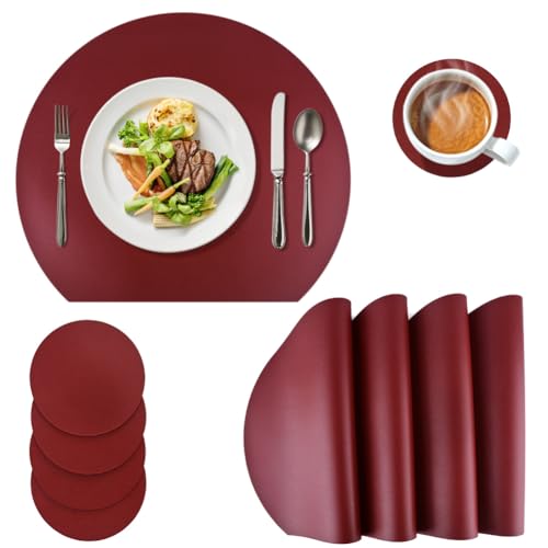 Tischsets Platzsets 4er Set,Platzdeckchen Abwaschbar， Wasserdicht Platzset Leder und Runde Untersetzer, Platzset Kinder，Abgrifffeste Hitzebeständig Platzdeckchen für Küche Speisetisch,Burgunderrot von MAOOY
