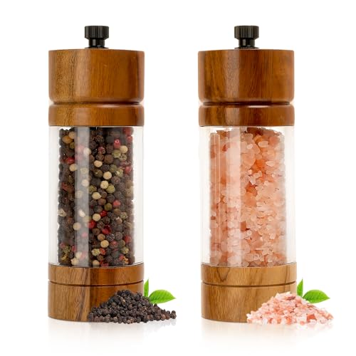 Salz und Pfeffermühle Set,2er Set 5.5 Zoll Manuelle Holz Pfeffermühle Salzmühlen,Gewürzmühle mit Verstellbarem Keramikmahlwerk für Gewürze Pfeffer Salz von MAOZHOU