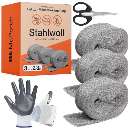 MaPorch Stahlwolle - 3 Rollen (8cm x 2,3 m) - Vielseitig zum Reinigen & Polieren - Lückenblocker für Wände, Rohre, Fenster - DIY-Set mit Handschuhen & Schere - Stahlwolle gegen Mäuse & Schnecken MaPorch Stahlwolle - 3 Rollen (8cm x 2,3 m) - Vielseitig zum Reinigen & Polieren - Lückenblocker für Wände, Rohre, Fenster - DIY-Set mit Handschuhen & Schere - Stahlwolle gegen Mäuse & Schnecken von MAPORCH