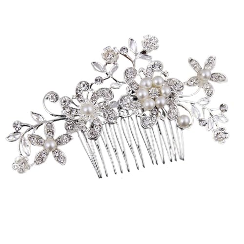 Braut Kopfschmuck Blume Perle Haar Kamm Stirnband Hochzeit Zubehör for Frauen Party FüR Hochzeiten(Silver) von MAQDDO