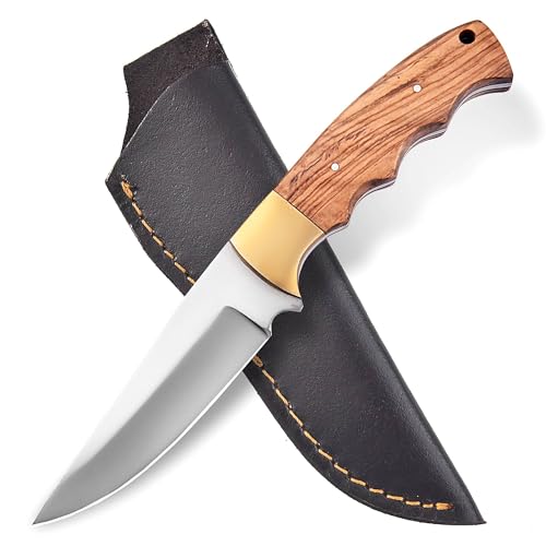 Handgefertigtes Jagd Messer mit Lederscheide zum Häuten, Camping, Outdoor 6200 (hellbraun) von MAQSON