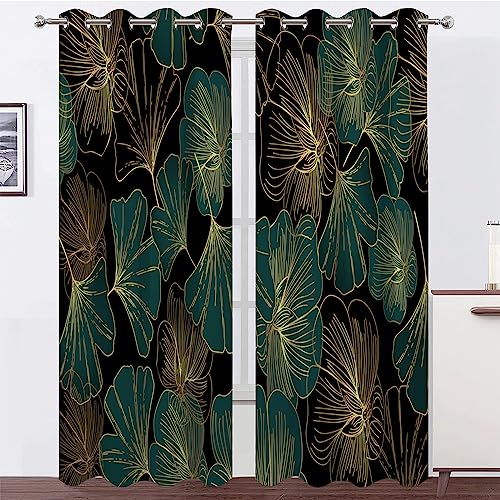 Vorhänge Schwarzer Ginkgo Biloba Vorhang Blickdicht VerdunklungsvorhäNge mit öSen, Gardinen Wohnzimmer Schlafzimmer Modern Bedruckt Curtains H 220 X B 140 cm 2er Set von MAQUE