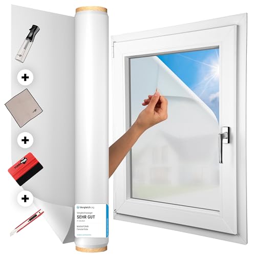 MARAPON® Fensterfolie Blickdicht selbsthaftend [118x400 cm] - inkl. Rakel, Cutter, Sprühflasche und 2X Mikrofasertuch - Sichtschutzfolie für Fenster - Milchglasfolie All-in-One Lösung | statisch von MARAPON