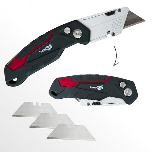 MARAPON® Teppichmesser klappbar mit 4 Klingen | extra robustes Teppichmesser | Taschenmesser| Cutter Werkzeug für den professionellen Einsatz | Arbeitsmesser klein von MARAPON