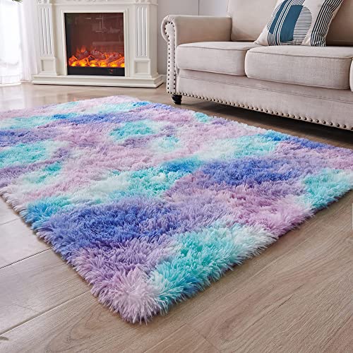 MARATIP Plüsch Teppich, Flauschiger Rundteppich für modernes Wohnzimmer, Kinder Mädchen, weicher und flauschiger Teppich für Schlafzimmer/Wohnzimmer/Kinderzimmer (Blau Lila, 120 x 160 cm) von MARATIP