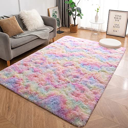 MARATIP Plüsch Teppich,Flauschiger Teppich Rund,große Größe modernes Wohnzimmer,Kinder Mädchen,weicher und Flauschiger Teppich für das Schlafzimmer/Wohnzimmer/Kinderzimmer(Regenbogen,120 x 160 cm) von MARATIP