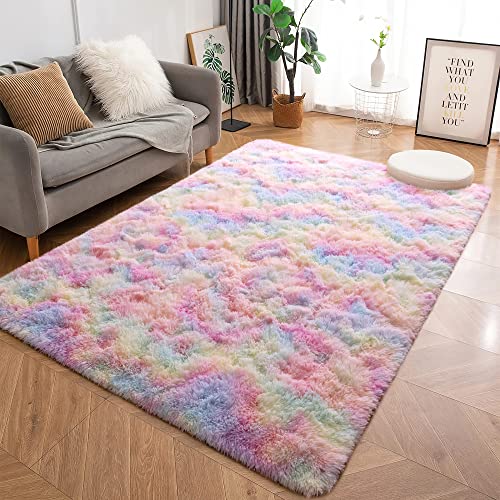 MARATIP Plüsch Teppich Rund, Große Größe Modernes Wohnzimmer, Kinder Mädchen, Weicher und Flauschiger für Schlafzimmer/Wohnzimmer/Kinderzimmer (Regenbogen, 200 x 300 cm) von MARATIP