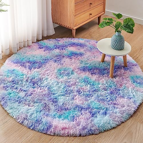 MARATIP Plüsch Teppich Rund,Flauschiger Teppich Rund, modernes Wohnzimmer, Kinder Mädchen,weicher und Flauschiger Teppich für das Schlafzimmer/Wohnzimmer/Kinderzimmer(Blau Lila,Ø 100 cm Runde) von MARATIP