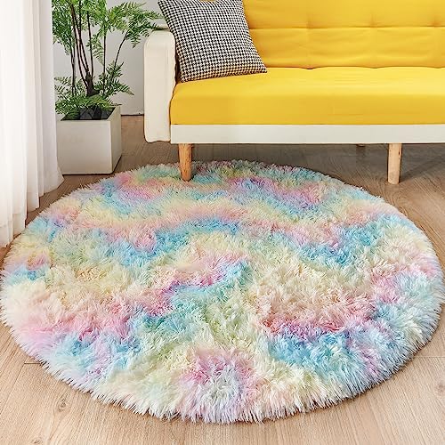 MARATIP Plüsch Teppich Rund,Flauschiger Teppich Rund,modernes Wohnzimmer,Kinder Mädchen,weicher und Flauschiger Teppich für das Schlafzimmer/Wohnzimmer/Kinderzimmer (Regenbogen,Ø 150 cm Runde) von MARATIP