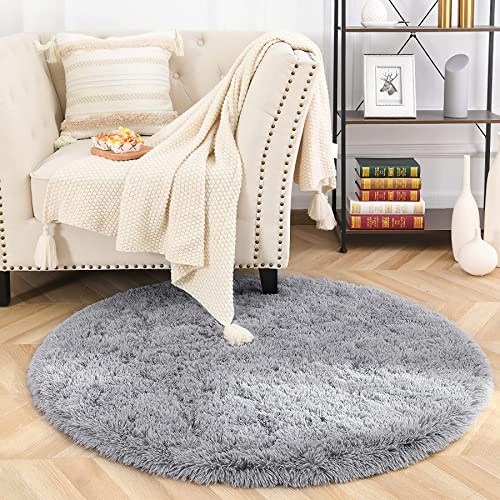 MARATIP Plüsch Teppich Rund,Flauschiger Teppich Rund, modernes Wohnzimmer, Kinder Mädchen,weicher und Flauschiger Teppich für das Schlafzimmer/Wohnzimmer/Kinderzimmer(grau,Ø 100 cm Rund) von MARATIP