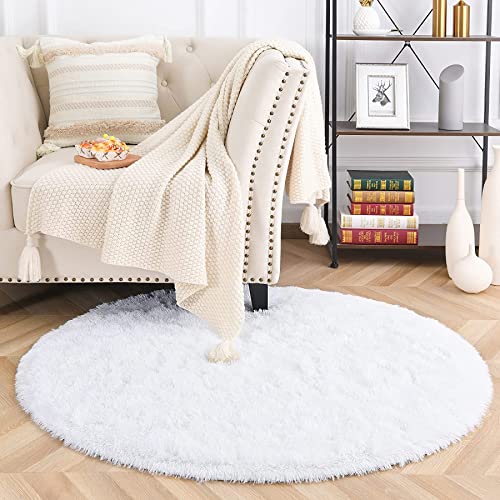 MARATIP Plüsch Teppich Rund,Flauschiger Teppich Rund, modernes Wohnzimmer, Kinder Mädchen,weicher und Flauschiger Teppich für das Schlafzimmer/Wohnzimmer/Kinderzimmer(Weiß,Ø 100 cm Rund) von MARATIP