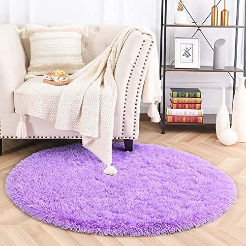 MARATIP Plüsch Teppich Rund,Flauschiger Teppich Rund, modernes Wohnzimmer, Kinder Mädchen,weicher und Flauschiger Teppich für das Schlafzimmer/Wohnzimmer/Kinderzimmer(Violett,Ø 100 cm Rund) von MARATIP