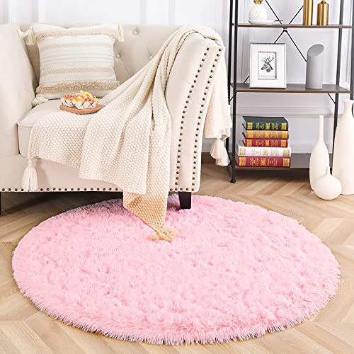 MARATIP Plüsch Teppich Rund,Flauschiger Teppich Rund, modernes Wohnzimmer, Kinder Mädchen,weicher und Flauschiger Teppich für das Schlafzimmer/Wohnzimmer/Kinderzimmer(rosa,Ø 100 cm Rund) von MARATIP