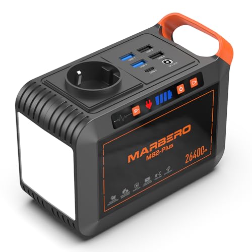 MARBERO tragbare Powerstation 98Wh wiederaufladbare Powerbank mit Steckdose AC 120W max 26400mAh mit LED Taschenlampe, Steckdose, USB A, USB C PD 18W, DC für draußen Camping, Stromausfall, Notstrom von MARBERO