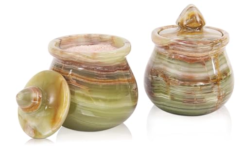 Marmor-Salzkeller mit Deckel, 8,9 cm, grüner Onyx, handgefertigt, 2er-Set, dekorative Salz- und Pfefferschale für Küchenarbeitsplatte, Gewürze, Zucker, Kräuter und Gewürze von MARBLE RANGE