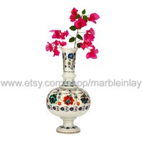 Blumenvase Intarsien Weißen Marmor Komplizierte Handarbeit Für Wohnkultur Einzigartige Pietredura Floral Baum Des Lebens Design von MARBLEINLAY