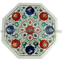 Schwarzer Marmor Pietra Dura Italienisch Intarsien Runder Couchtisch Top Mughal Kunst von MARBLEINLAY
