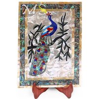 Marmor Schöne Pfau Vogel Design Tablett Zufälliges Dekoratives Zuhause Mit Natürlichen Edelsteinen, Serviertablett, Stein Inlay Marmor Schöne Pfau Vogel Design Tablett Zufälliges Dekoratives Zuhause Mit Natürlichen Edelsteinen, Serviertablett, Stein Inlay von MARBLEINLAYINDIA