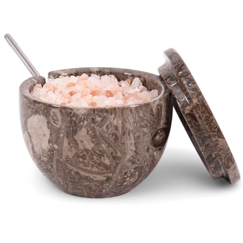 MARBLOUS KRAFTS Oceanic Salzkeller aus Marmor mit Deckel und Löffel, 7,6 x 10,2 cm, Steinsalzkeller, Zuckerdose für Arbeitsplatte, Marmor-Salz- und Pfefferschale mit Deckel von MARBLOUS KRAFTS