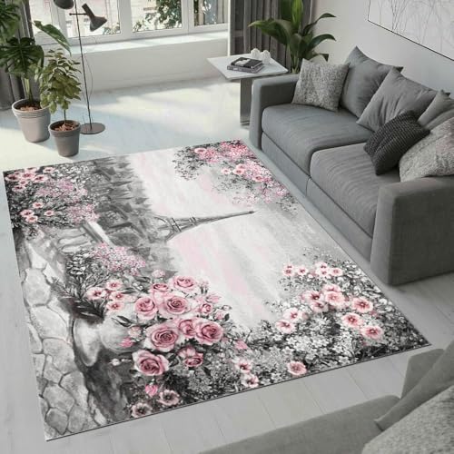 MARBRE Eiffelturm Teppich Wohnzimmer Schlafzimmer 3D Pflanzen Blumen Teppiche rutschfest Waschbarer Kurzflor Teppich Grösse 100x200 cm Flauschig Weich Soft Home Outdoor Carpet Matte(Image 16-20) von MARBRE
