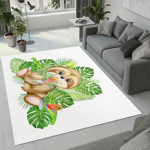 MARBRE Faultier Teppich Wohnzimmer Schlafzimmer 3D Palmblätter Teppiche rutschfest Waschbarer Kurzflor Teppich Grösse 140x200 cm Flauschig Weich Soft Home Outdoor Carpet Matte(Image 1-20) von MARBRE