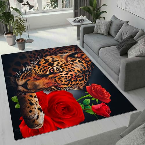 MARBRE Leopard Teppich Wohnzimmer Schlafzimmer 3D Rose Blumen Teppiche rutschfest Waschbarer Kurzflor Teppich Grösse 180x240 cm Flauschig Weich Soft Home Outdoor Carpet Matte(1-2) von MARBRE