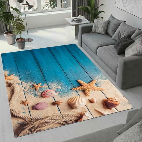 MARBRE Muscheln Seesterne Teppich Wohnzimmer Schlafzimmer 3D Strand Muscheln Teppiche rutschfest Waschbarer Kurzflor Teppich Grösse 160x200 cm Flauschig Weich Soft Home Outdoor Carpet Matte(3-9) von MARBRE
