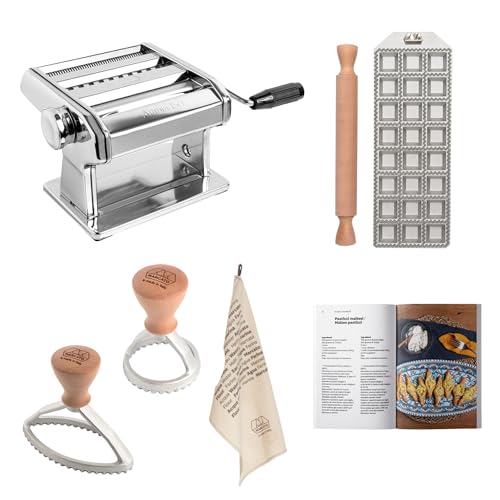 Nudel- und Ravioli-Zubereitungsset, Marcato Ampia 150 Nudelmaschine + Stempel für 24 Quadratische Ravioli (35 mm) + Nudelholz + Rundstempel + Ovalstempel + Küchentuch + Rezeptbuch von MARCATO