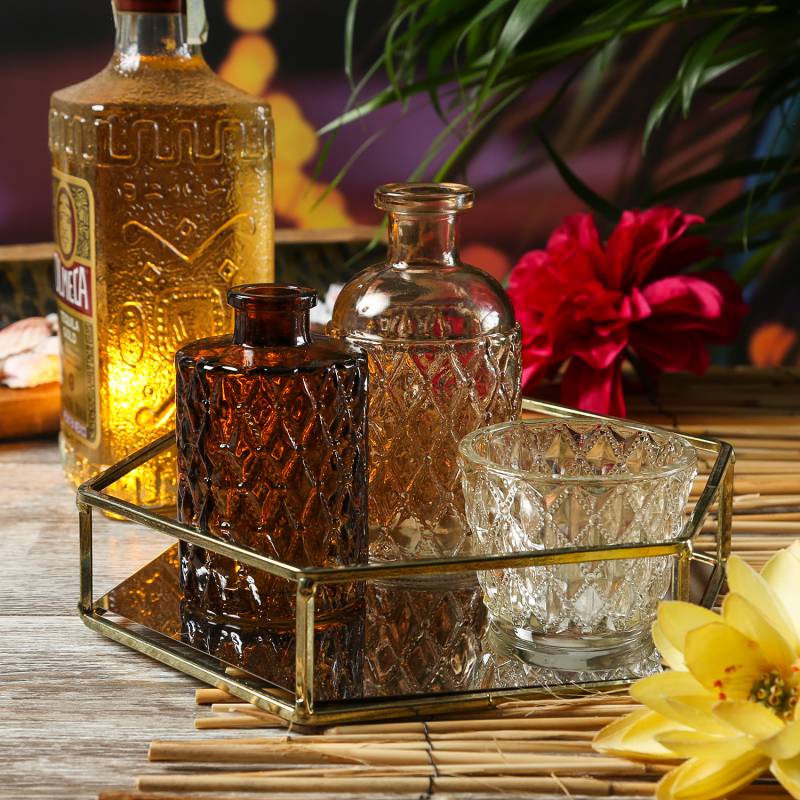 Deko Tablett mit 2 Mini Blumenvasen und Teelichthalter - mit Goldrand - Glas - gold/braun von MARELIDA