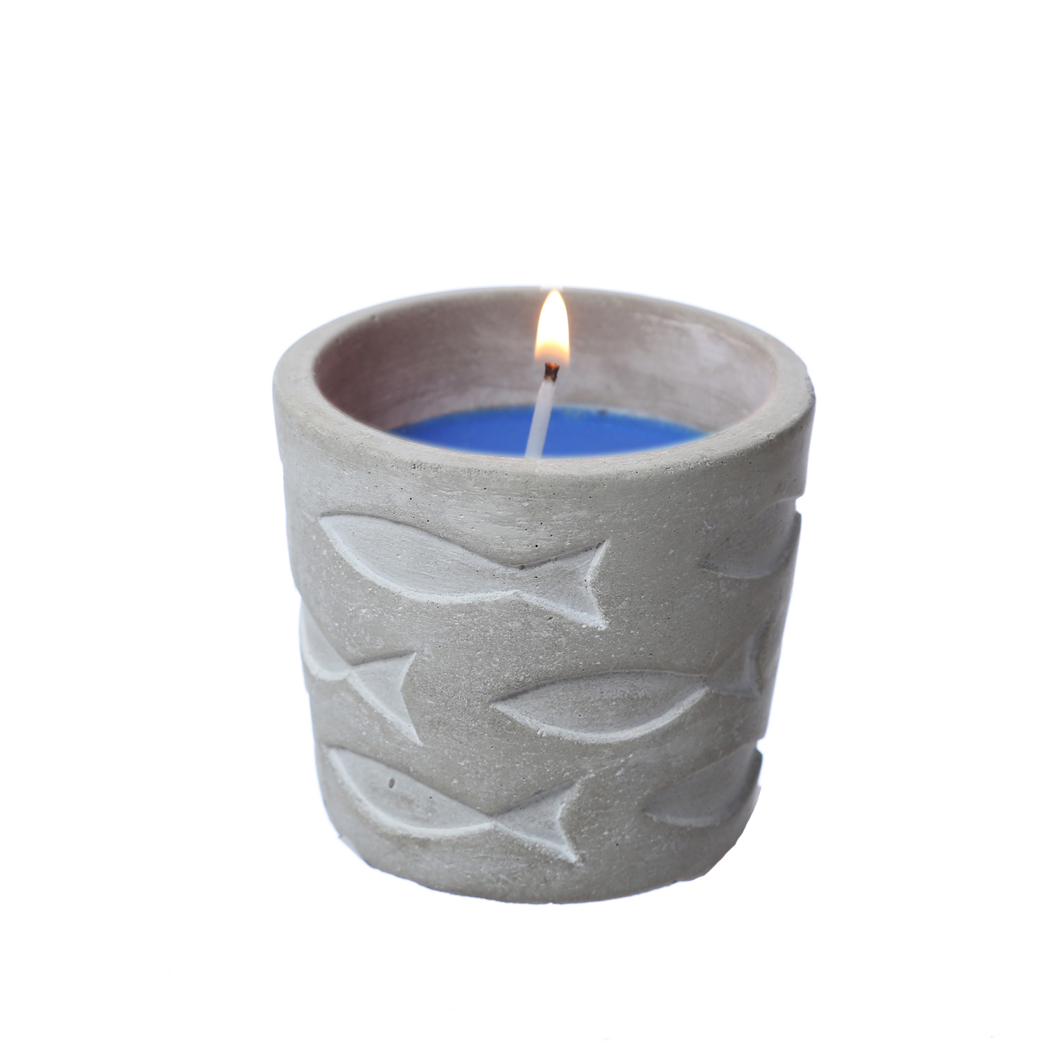 Duftkerze CITRONELLA - Echtwachs in maritimen Betontopf - Fischmuster - H: 7cm - blau von MARELIDA