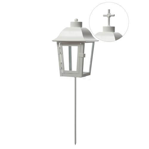 Grablaterne Grablicht 2 wechselbare Spitzen (kugel, Kreuz) Grableuchte mit Erdspieß Grablampe Friedhofslaterne Gartenlaterne weiß (Laterne ohne Kerze) von MARELIDA