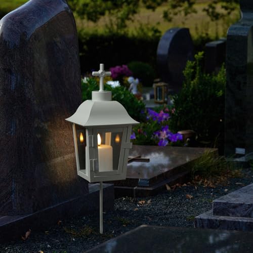 Grablaterne mit Mini LED Kerze Grablicht mit 2 wechselbarer Spitzen (kugel, Kreuz) und Erdspieß Grableuchte Grablampe Friedhofslaterne Gartenlaterne weiß (Laterne mit Kerze/Typ1) von MARELIDA