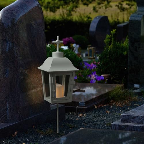Grablaterne mit Mini LED Kerze Grablicht mit 2 wechselbarer Spitzen (kugel, Kreuz) und Erdspieß Grableuchte Grablampe Friedhofslaterne Gartenlaterne weiß (Laterne mit Kerze/Typ5) von MARELIDA