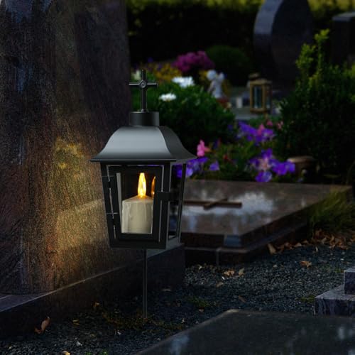 Grablaterne mit beiger LED Kerze Grablicht mit 2 wechselbaren Spitzen (Kugel, Kreuz) und Erdspieß Grableuchte Grablampe Friedhofslaterne Gartenlaterne schwarz (Laterne mit Kerze/Typ3) von MARELIDA