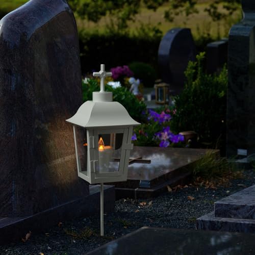 Grablaterne mit weißer LED Kerze Grablicht mit 2 wechselbaren Spitzen (Kgel, Kreuz) und Erdspieß Grableuchte Grablampe Friedhofslaterne Gartenlaterne weiß (Laterne mit Kerze/Typ7) von MARELIDA