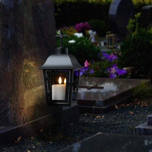 Grablaterne mit weißer Mini LED Kerze Grablicht mit 2 wechselbaren Spitzen (Kugel, Kreuz) und Erdspieß Grableuchte Grablampe Friedhofslaterne Gartenlaterne schwarz (Laterne mit Kerze/Typ1) von MARELIDA