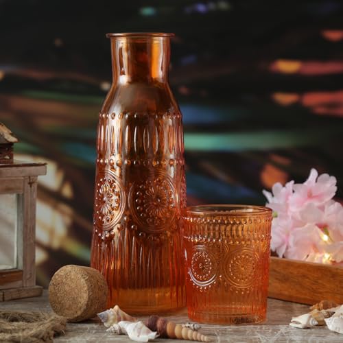 Karaffe Vintage Boho Blumenmuster Glas Wasserkaraffe Tee Saftkanne 1l (Orange) von MARELIDA