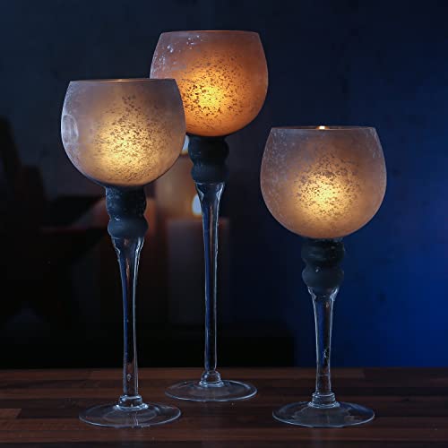 Kerzenhalter Kelch 3er Set Windlicht Glas 3 Höhen Teelichthalter in Kelchform Dekokelch Dekoglas Kerzenständer (grau satiniert) von MARELIDA