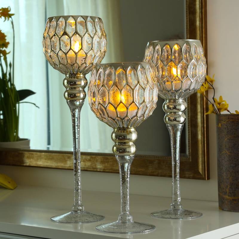 Kerzenhalter Kelch CORDOBA - Windlicht - Glas - H: 30,5cm, 34,5cm, 40cm - gold - 3er Set von MARELIDA