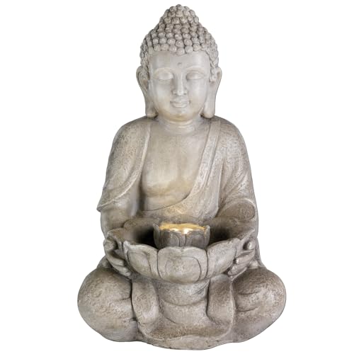 LED Brunnen Buddha Gartenbrunnen aus GRC Beton Zierbrunnen für Garten Terrasse 6 warmweiße LED H: 45cm für Innen und Außen grau von MARELIDA