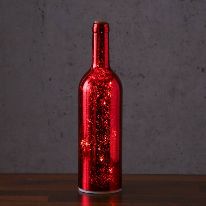 LED Dekoflasche - 8 warmweiße flackernde LED - D: 7,5cm - H: 30cm - Batterie - Timer - rot metallic von MARELIDA