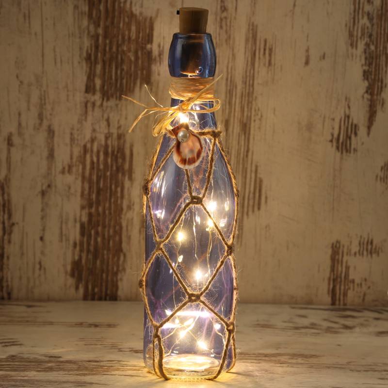 LED Dekoflasche MARITIM mit Juteseil und LED Drahtlichterkette - H: 28cm - dunkelblau von MARELIDA