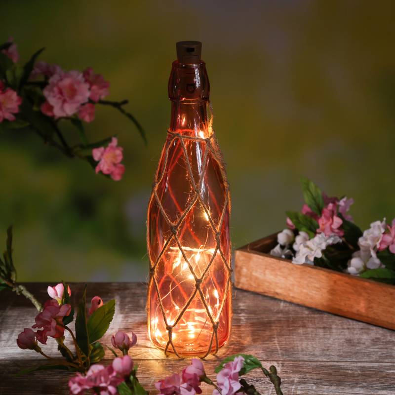 LED Dekoflasche mit Juteseil und LED Drahtlichterkette - Leuchtflasche - H: 28cm - dunkelrosa von MARELIDA