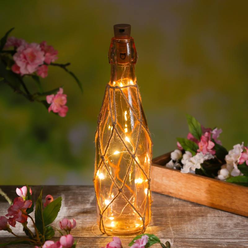 LED Dekoflasche mit Juteseil und LED Drahtlichterkette - Leuchtflasche - H: 28cm - hellrosa von MARELIDA