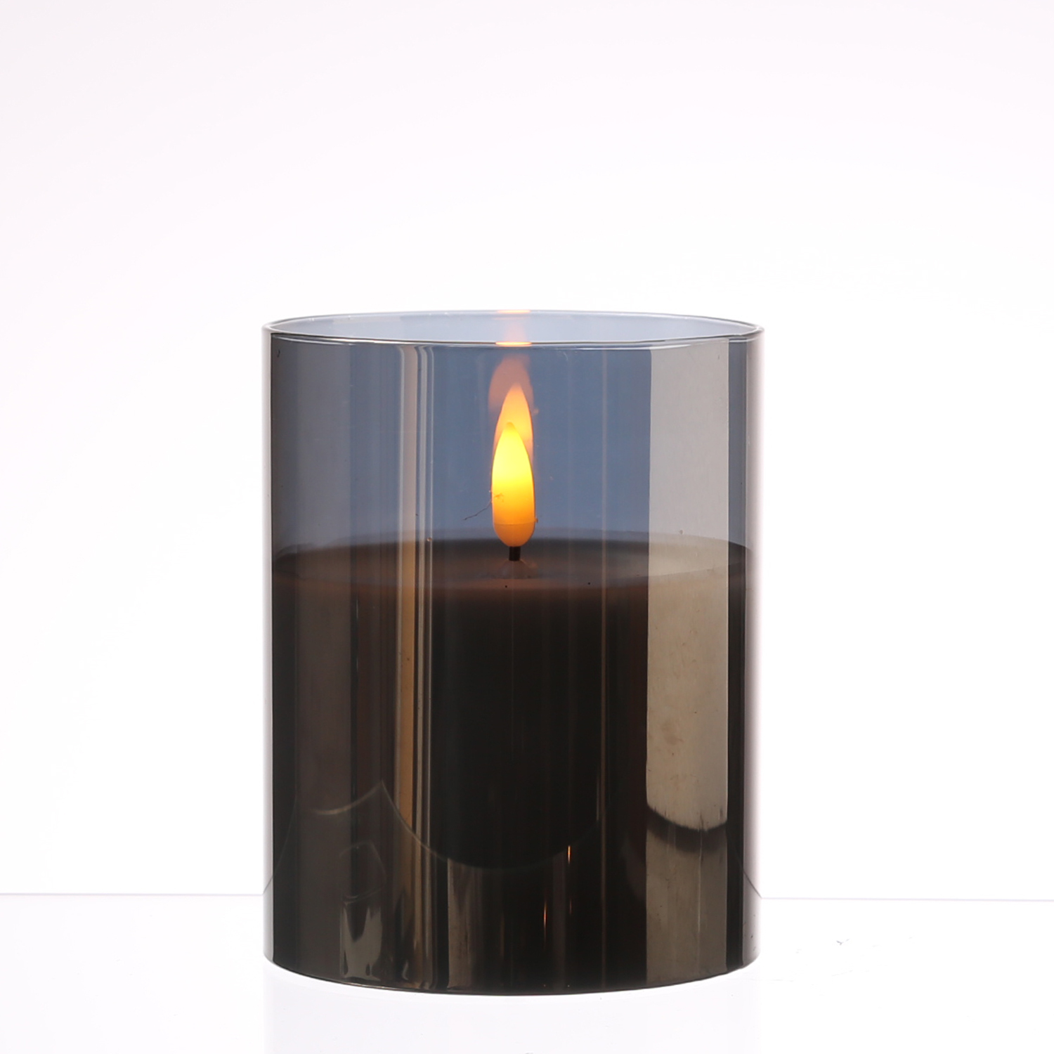 LED Kerze im Glas - Windlicht - Echtwachs - 3D Flamme - Timer - H: 12,5cm - D: 10cm - rauchgrau von MARELIDA